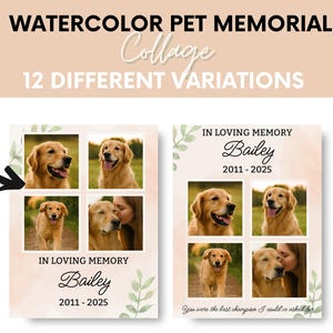 Editable Watercolor Pet Memorial Photo Collage | Dog Cat Loss Keepsake Printable | Canva Template | Pet Remembrance Gift
