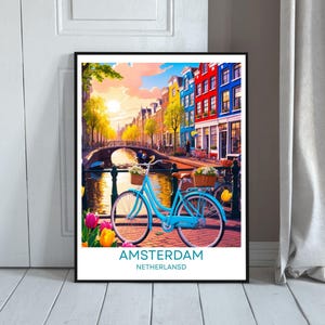 Netherlands Travel Poster,Dutch Canal and Tulips, Colorful Amsterdam Print, Amsterdam Cityscape ,birthday gift, wedding gift,
