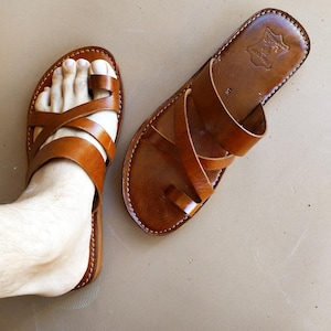 Men&#39;s Moroccan Leather Sandals – Handmade Summer Slides – Genuine Leather Shoes – Comfortable Flat