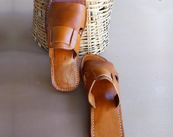 Men's Handmade Brown Leather Sandals: Genuine Leather Slides, Classic Beach Summer Shoes