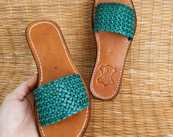 Green Leather Shoes for Women – Woven Slide Flats, Moroccan Teal Sandals