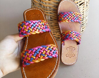 Women’s Handmade Colorful Leather Sandals – Boho Braided Flats – Summer Slip-On Festival Shoes – Moroccan Handmade Footwear