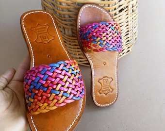 Handmade Colorful Leather Sandals for Women – Boho Woven Slip-On Flats | Genuine  Rainbow Leather Summer Shoes | Comfortable Beach Footwear