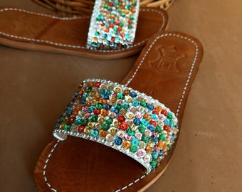 Sandalias marroquíes de cuero con lentejuelas hechas a mano para mujer: sandalias coloridas/zapatillas de verano sin cordones