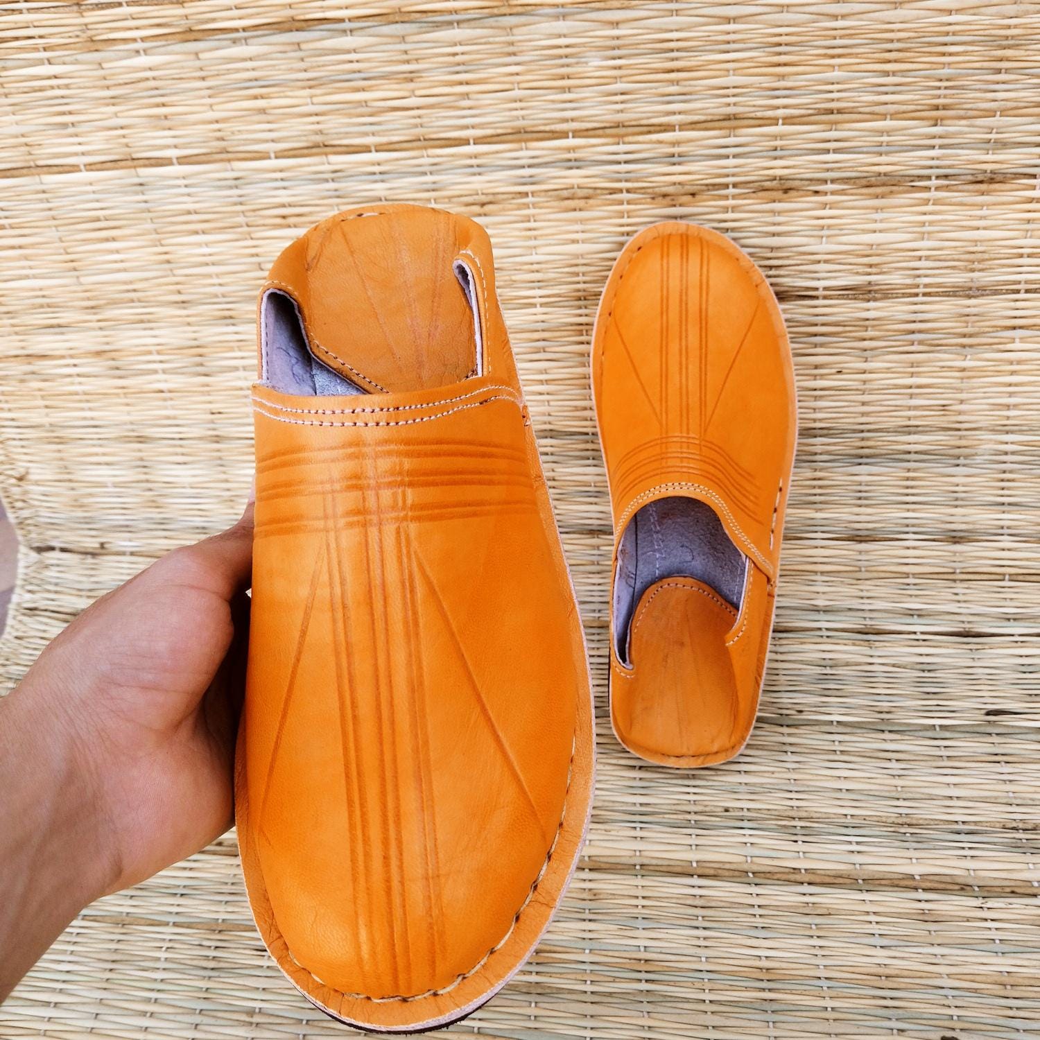 Men's Orange Leather Babouche – Handmade Moroccan Slippers
