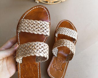 Handmade Natural Leather Color Sandals – Women’s Braided Slip-On Flats – Boho Summer Shoes – Moroccan Handmade Footwear