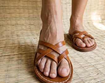Sandales plates bohèmes en cuir marocain faites main, à brides croisées, pour femmes, DDP