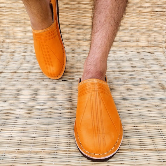 Moroccan Babouche Leather Slippers Mule Orange Handmade Men Sz 13 Orange Moroccan Leather Slippers: Handmade Organic Babouches  main image 3