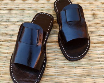 Handmade Black Leather Sandals for Men – Moroccan Slip-On Flats – Genuine Leather Summer Shoes – Slippers
