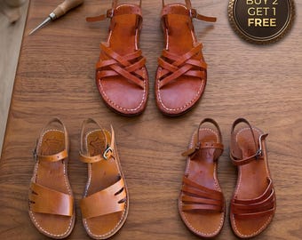 Handmade Genuine Leather Sandals, 3 Pairs Womens Buy 2 Get 1 Free Flat Sandals, Moroccan Boho Strappy Summer Sandals, Greek Vacation Gift