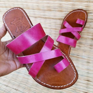 Handmade Pink Leather Sandals, Women's Moroccan Cross Strap Slides, Boho Summer Toe loop Flat Shoes, Vacation Travel trip, present for her
