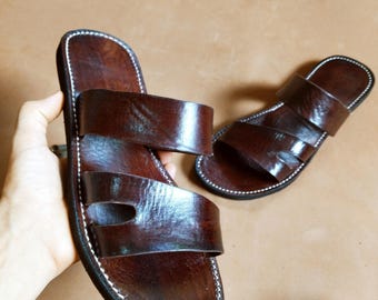 Men's Genuine Brown Leather Sandals - Classic Handmade Cowhide Shoes - Casual Outdoor Summer Slippers