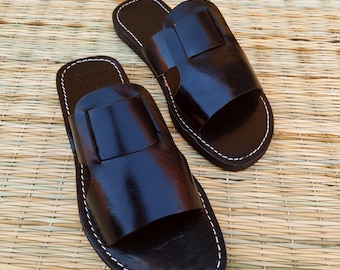 Black Leather Men’s Sandals | Handmade Moroccan Slides | Minimalist Summer Shoes