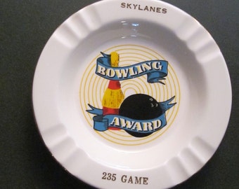 Fun 1950s Skylanes Bowling Alley Ashtray - Fun Vintage Decor for Man Cave Sports Bar or Desk - 22 KT Trimmed Award for 235 Game