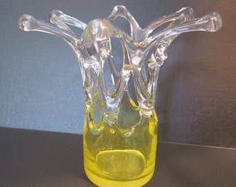 Dramatic Art Glass Vase - Yellow Base with Applied Clear Lacy Lattice Top - Handblown - Maker Unknown