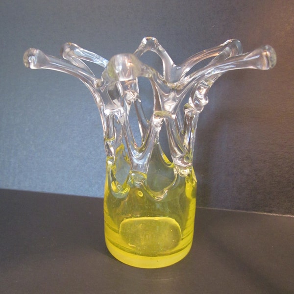 Dramatic Art Glass Vase - Yellow Base with Applied Clear Lacy Lattice Top - Handblown - Maker Unknown