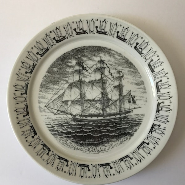 Porsgrund Norway Art Plate - Fullrigger Mathilde Henrietta Sailing Vessel - Norwegian America Cruise Line  Modern Stylized Viking Ship Trim