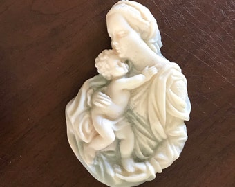 Wax Madonna and Child Wall Plaque - Bas Relief Mother and Baby