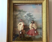 Folk Art Diorama - Man with Violin and Woman with Baby - Painted Red Clay Figural Pottery - Shadowbox Vintage People in Native Costumes