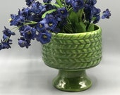 Haeger Art Pottery 133 - Green Glaze Basketweave Pedestal Planter - Mid Century Modern - Simple Classic Woven Design