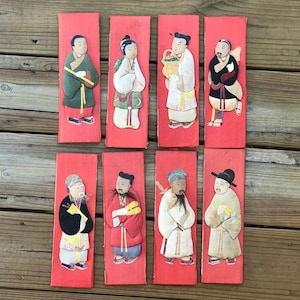 Eight Immortals - Vintage Chinese Mythology Figures - Individual Silk Table Screen Panels - Handpainted Faces - Real Hair - Paper and Fabric