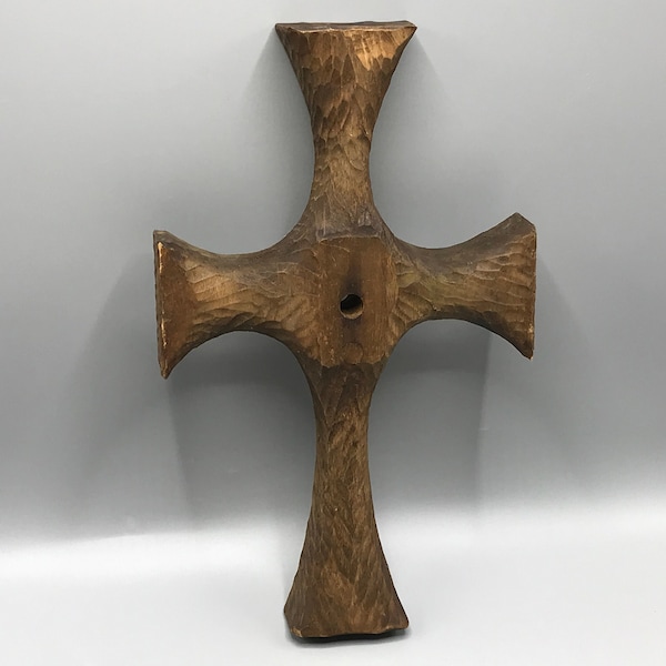 Don Shoemaker Hand Carved Wood Cross - Rustic Mexican Modernist - Señal Mexico Workshop - Religious Wall Art - Candelabra or Crucifix Base