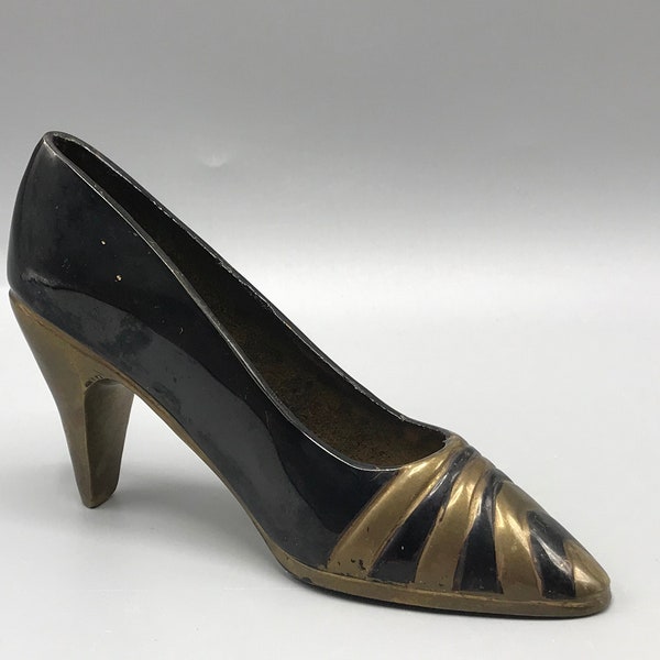 Vintage Paperweight Black Enamel and Brass High Heel - Made in India - Business Card Holder - Shoe Store Glam - Hollywood Chic Vanity Decor