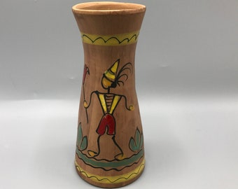 Mid Century Italian Florentine Art Pottery - Terra Cotta Santony Vase - Handpainted Made in Italy - Whimsical Stick Figure Man with Flower