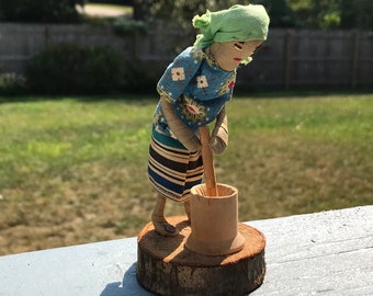 Vintage Puerto Rico Souvenir - Miniature Woman in Colorful Costume - Island Culture Worker Stirring or Churning - Hand Stitched Face