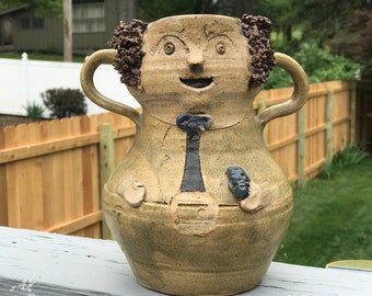Unique Figural Pottery Vase - Double Handled Container - Glazed Ceramic Studio Art - Whimsical Fun Decor - Handcrafted Clay Businessman