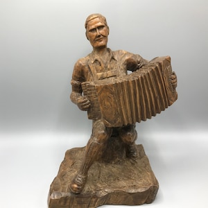 Large 12&quot; Brienz Switzerland Wood Carving of Alpine Man with Accordion - Black Forest Sculpture - Signed Swiss Hand Carved Folk Art Musician