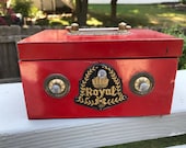 Red Tin Royal Bank - Made in Japan by ASC Aoshin Shoten Co - Bright Blue Interior - Vintage Childrens Box with Combination Lock
