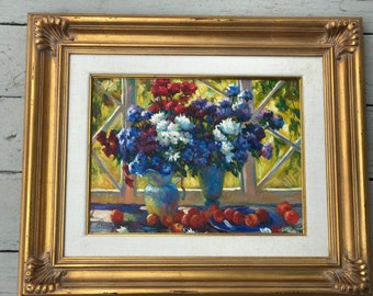 Framed Original Oil on Canvas - Floral Still Life - Signed by Artist C Peter - 12 x 16 Horizontal Painting - in Heavy Large Ornate Frame