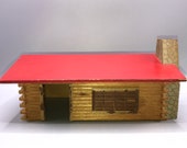 Wooden Log Cabin with Red Roof - Primitive Toy Fort or Rustic House - For Putz or Miniature Display Scenes - Handcrafted Folk Art Design
