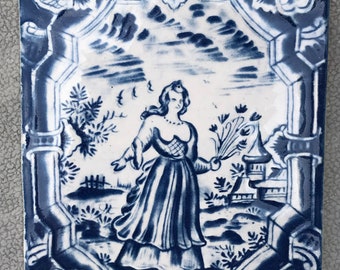 Cobalt Blue and White Delft Style Tile - Woman with Flowers - Impressed Monplaisir Mark - Glazed Vintage Decorative Ceramic