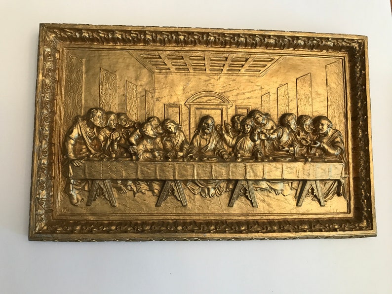 Last Supper Wall Plaque Vintage Religious Art Bas Relief Leonardo Da Vinci Artwork Metallic Gold Look 3 Dimensional Scene