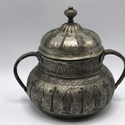 Hand Hammered Greek Orthodox Pyx - Etched Pewter Religious Fish and Cross Symbols shops Lettering - Lidded and Double Handle Metal Art Container