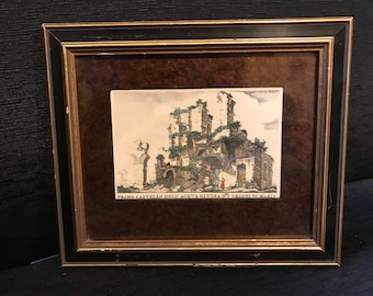 Hand Colored Antique Lithograph - Aqua Guilia Castle Ruins Near Rome Italy - W King Ambler Framed Art - Giovanni Battista Piranesi Etching