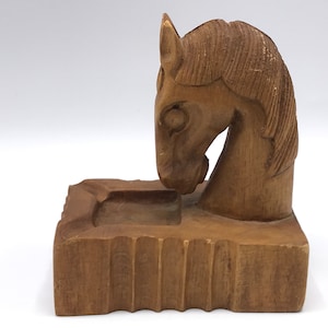 Hand Carved Horse Head Pin Dish - Wooden Equine Folk Art - Vintage Ranch Decor - Small Dresser Tray for Jewelry or Desktop Paper Clip Holder