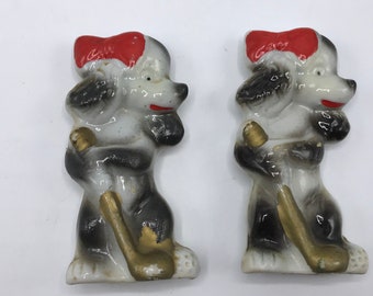 Hockey Player Spaniels - Cold Painted Ceramic Sporting Dog Pair with Stick or Golf Club - Red Hair Bows - Vintage Collectible - Desktop Pets