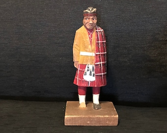 Signed Hand Carved and Painted Scotsman - Traditional Scottish Costume - Kilts Sporran Fly Plaid with Brooch Glengarry Hat - Wood Folk Art