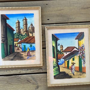Pair of Original G Rosales Watercolor Ink and Gouache Paintings - Taxco Guerrero Mexico Town Square - Signed Framed 14 x 11 Vertical Art