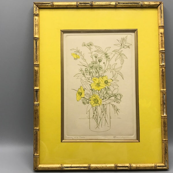1975 Spring Wild Flowers Lithograph - Signed by Artist - Green Line Drawing with Yellow Bouquet - 14 x 11 Vertical Gold Faux Bamboo Frame