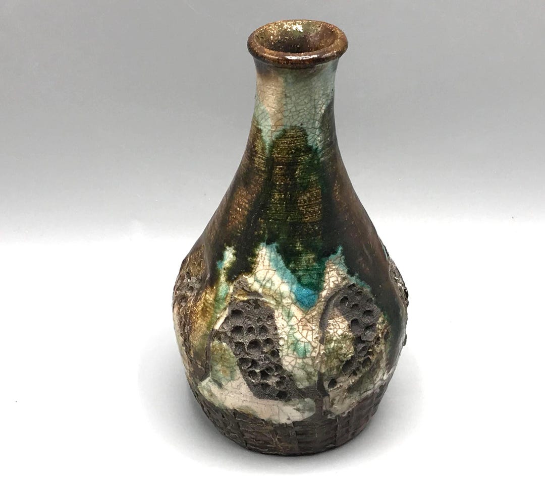 Textured Studio Drip Glaze Pottery - 6" Bud Vase - Green Brown Cream ...
