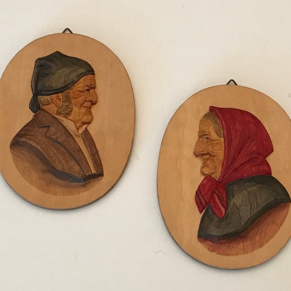 Character Portraits of Couple  - Hand Painted Carved Wood - Man Woman Wall Hangings -  Switzerland Folk Art Souvenir - Oberlander Handarbeit