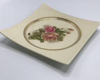 Hyalyn Pottery Floral Wall Art - Pink Roses Transfer Decoration - Made in Hickory North Carolina - Romantic Wall Hanging - Square Plate 631