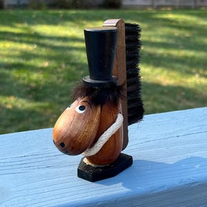 Whimsical MCM Danish Style Clothes Brush - Vintage Wood and Fur Top Hat Animal Figure -  Dresser or Desktop Lint Whisk  - Made in Japan