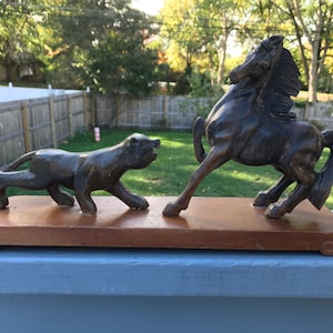 Wood Carving of Mountain Lion Attacking Horse  - Large Nature Sculpture on Base - Patinated Animal Figures - Vintage Hand Carved Folk Art