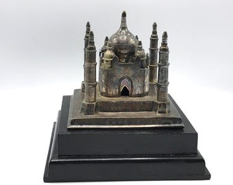 Metal Taj Mahal Sculpture on Black Wood Base - Vintage Souvenir - Top Lifts Off for Storage or Potential Use as Lamp