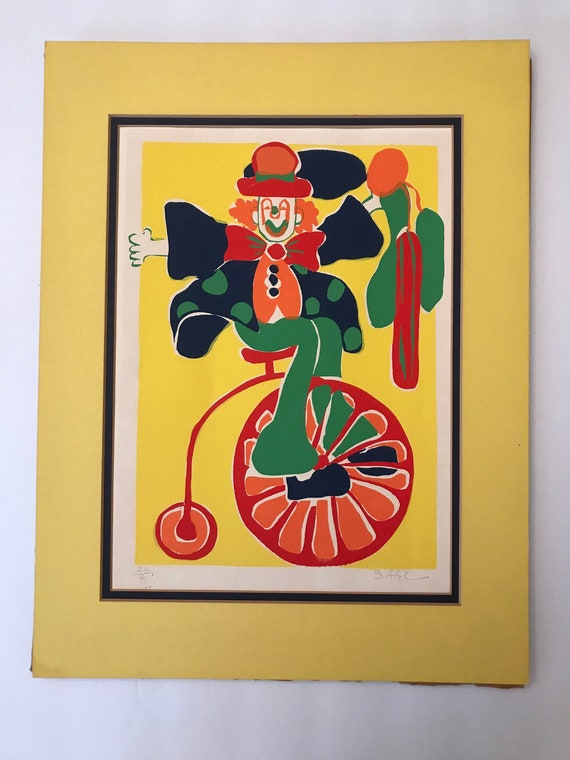 Cathy Heno Suffel Pencil Signed Serigraph - Whimsical Circus Clown - Limited Edition Print by Texas Artist - Colorful Unframed Matted Art